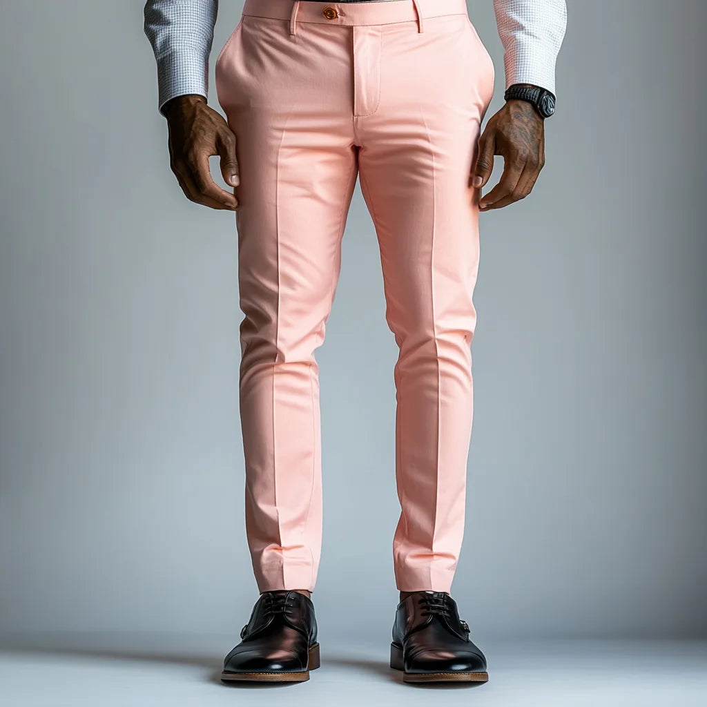 Men's Peach Pink Slim-Fit Formal Trousers - Tailored Polyester Blend