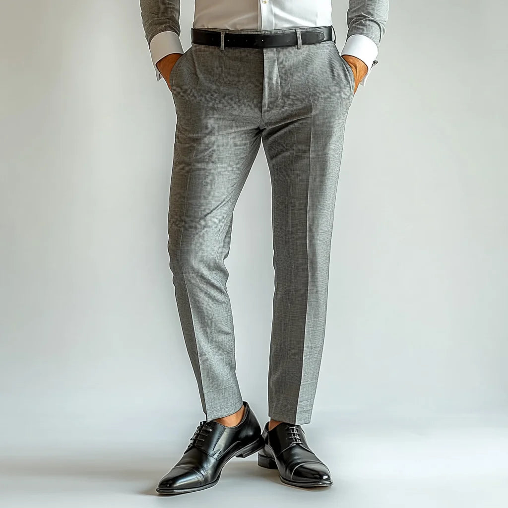Men's Silver Grey Tailored Formal Trousers - Slim Fit Polyester Blend