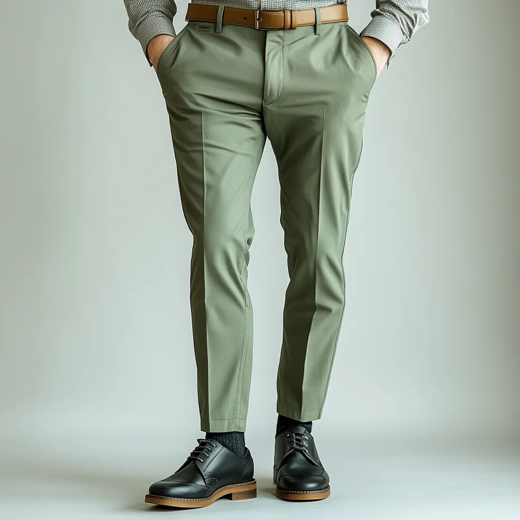 Men's Olive Green Polyester Blend Formal Trousers - Tailored Fit