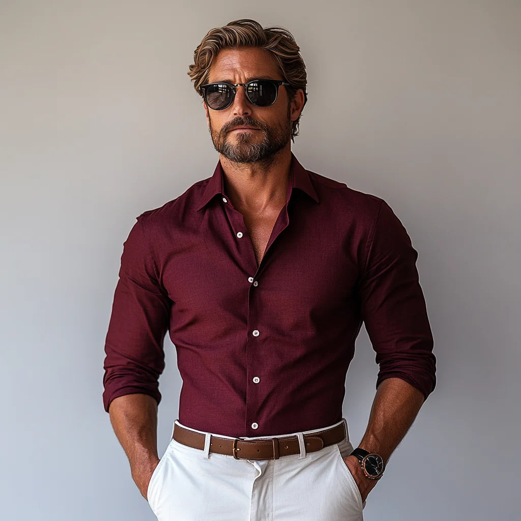 Men's Burgundy Cotton Blend Tailored-Fit Formal Shirt