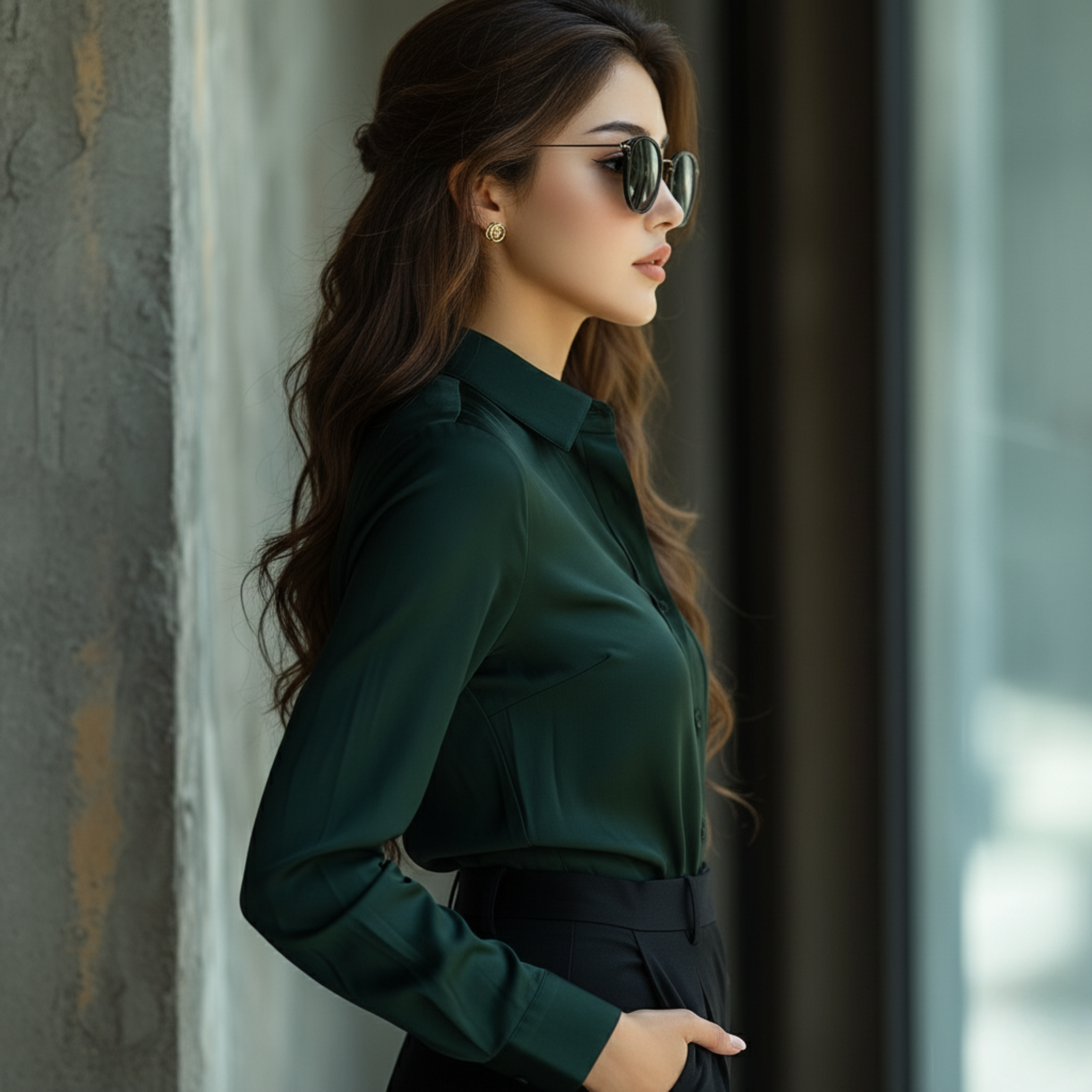 Velsoir Deep Forest Green Formal Shirt For Women