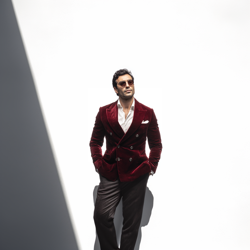 Velsoir Burgundy Velvet 2-Piece Double Breasted Suit Men