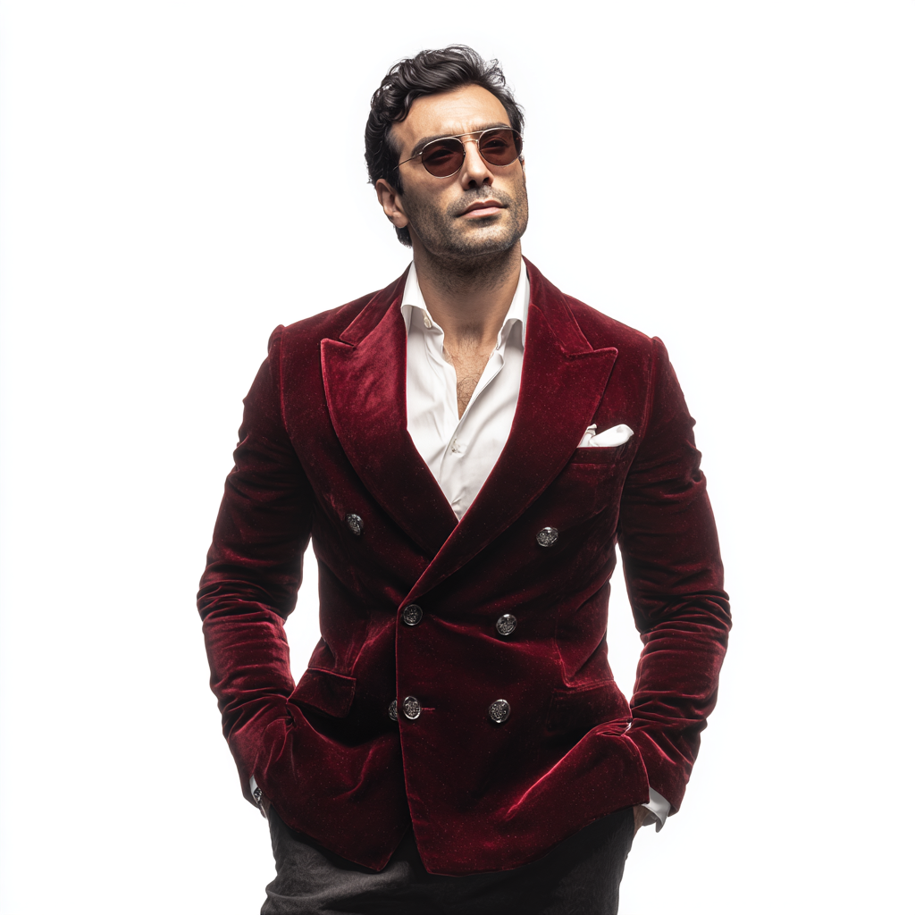 Velsoir Burgundy Velvet 2-Piece Double Breasted Suit Men