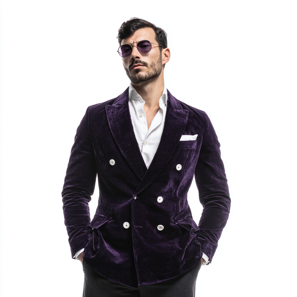 Velsoir Midnight Purple Velvet Double-Breasted Suit with Peak Lapels