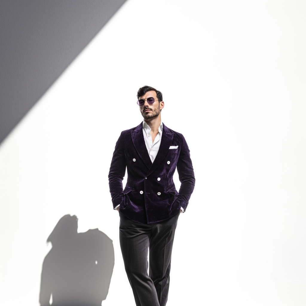 Velsoir Midnight Purple Velvet Double-Breasted Suit with Peak Lapels