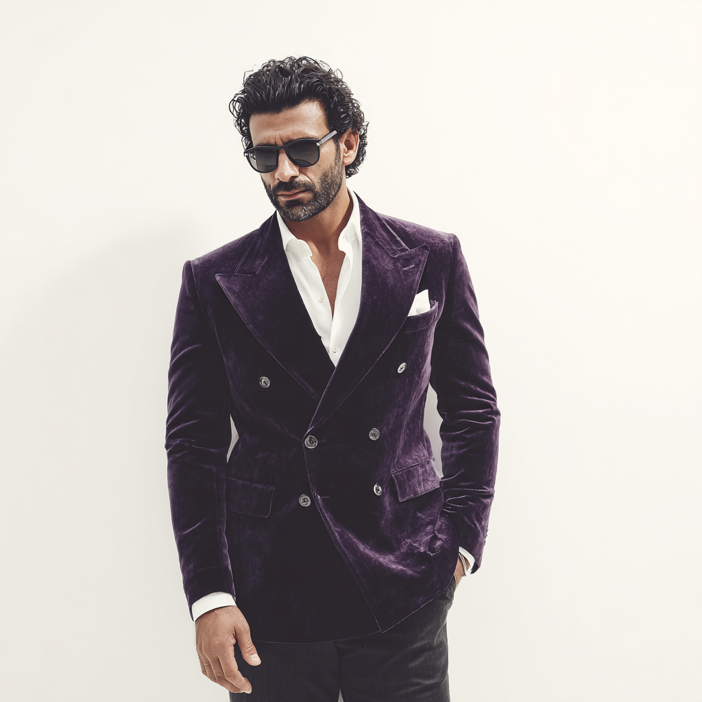 Velsoir Imperial Purple Velvet Double-Breasted Suit with Peak Lapels