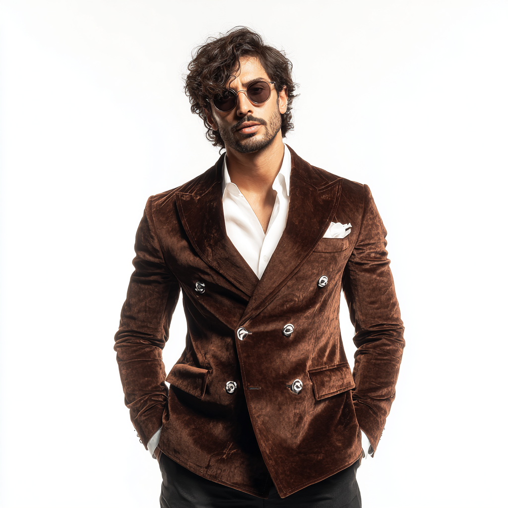 Velsoir Rich Chocolate Velvet Double-Breasted Suit with Peak Lapels