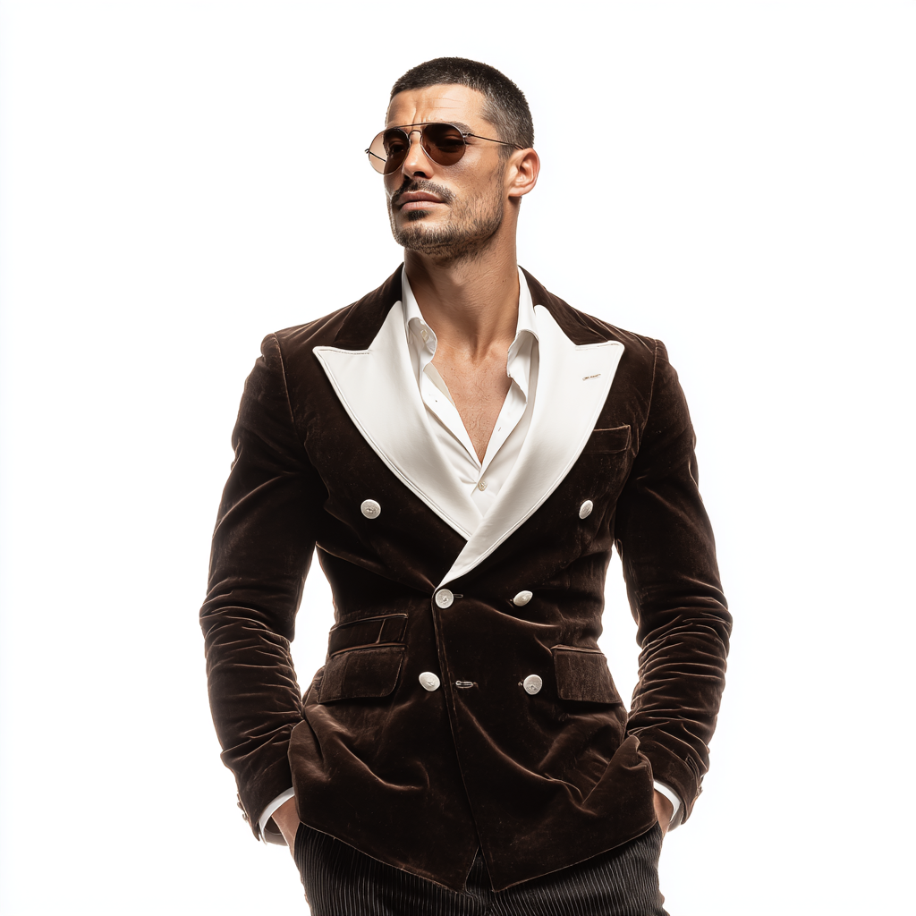 Velsoir Dark Chocolate Brown Double-Breasted Velvet Tuxedo Suit For Men