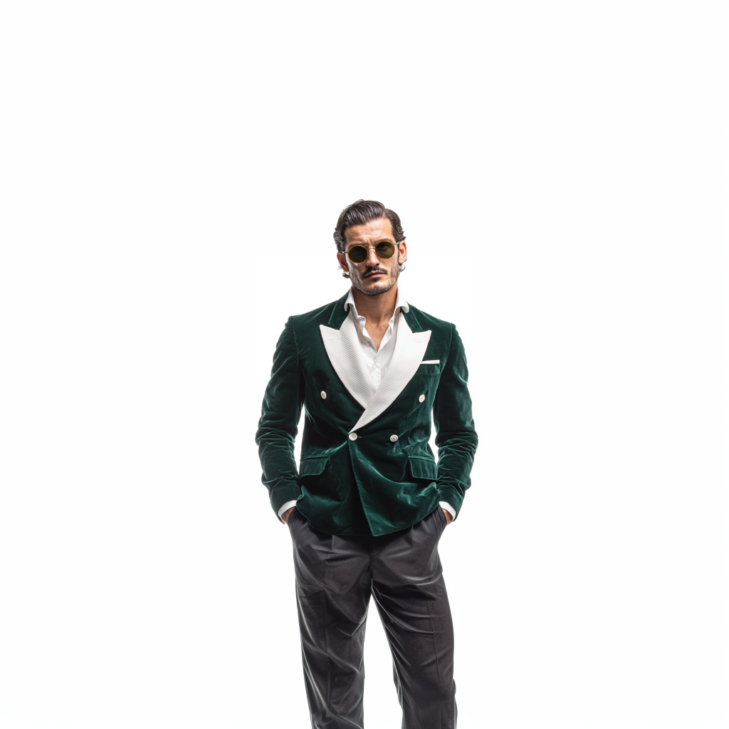 Velsoir Emerald Green Double-Breasted Velvet Tuxedo Suit For Men