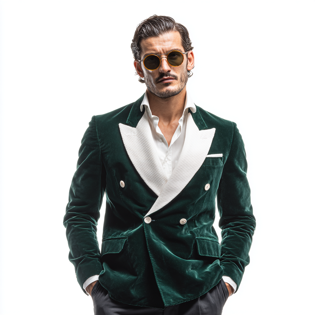 Velsoir Emerald Green Double-Breasted Velvet Tuxedo Suit For Men