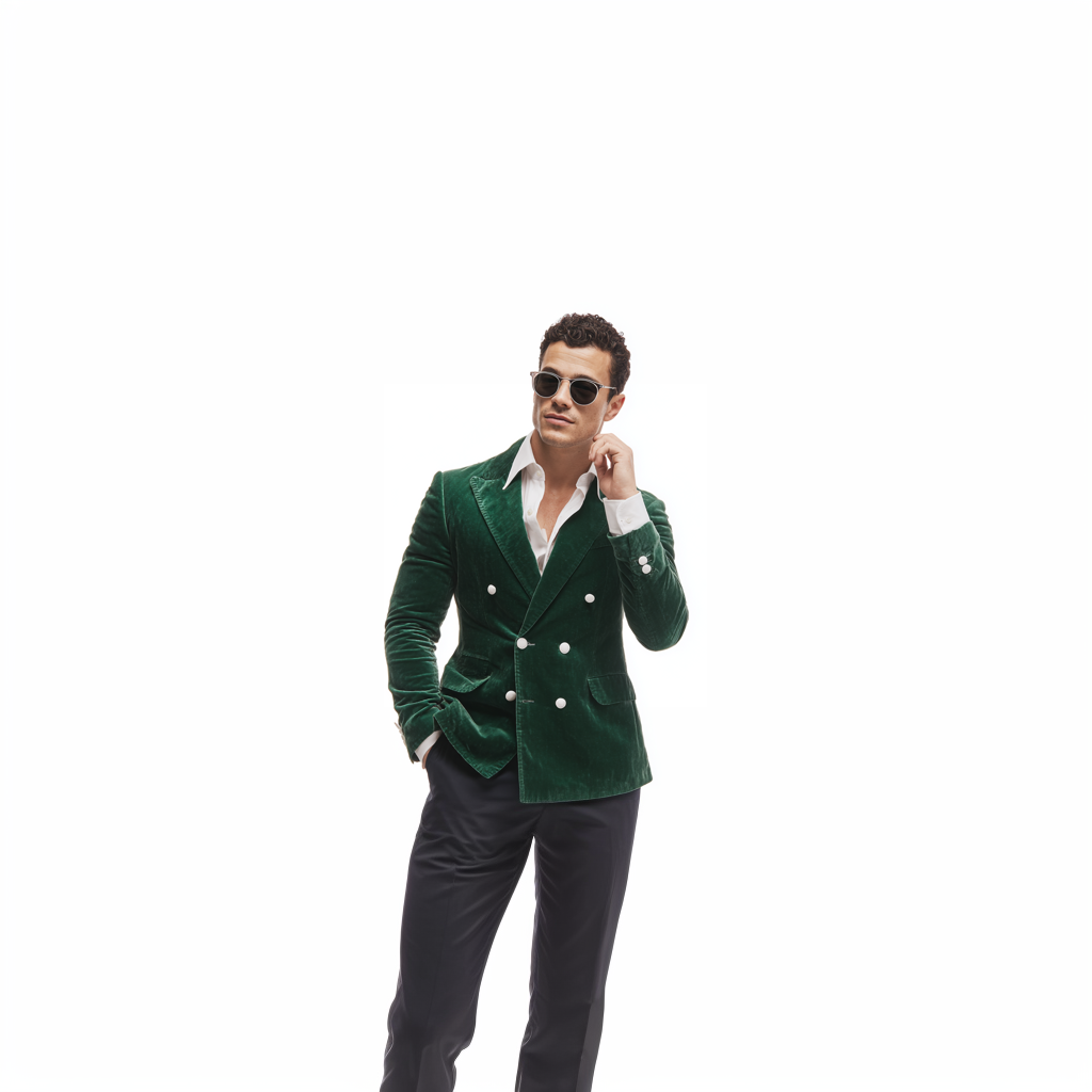 Velsoir Emerald Green Velvet Double-Breasted Suit with Peak Lapels