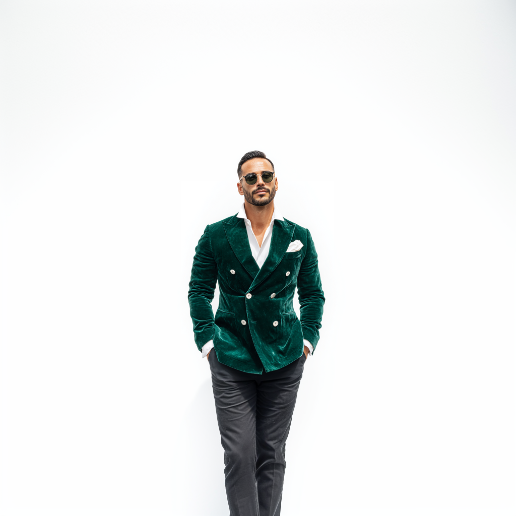 Velsoir Deep Forest Green Velvet Double-Breasted Suit with Peak Lapels