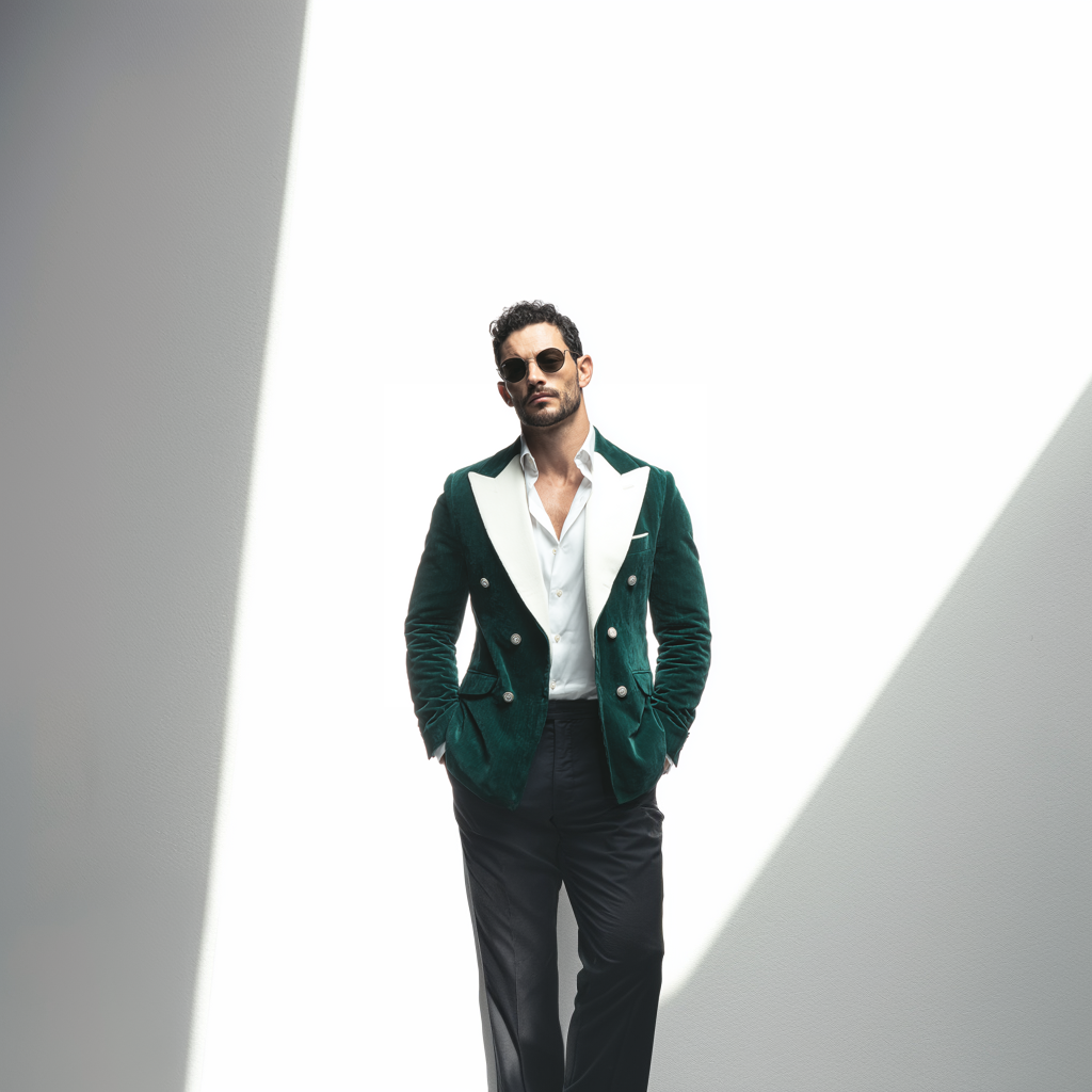 Velsoir Hunter Green Double-Breasted Velvet Tuxedo Suit For Men