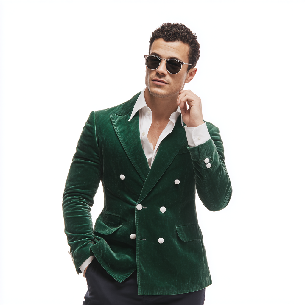Velsoir Emerald Green Velvet Double-Breasted Suit with Peak Lapels