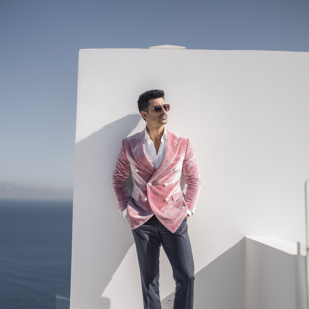 Velsoir Blush Pink Velvet Double-Breasted Suit with Peak Lapels