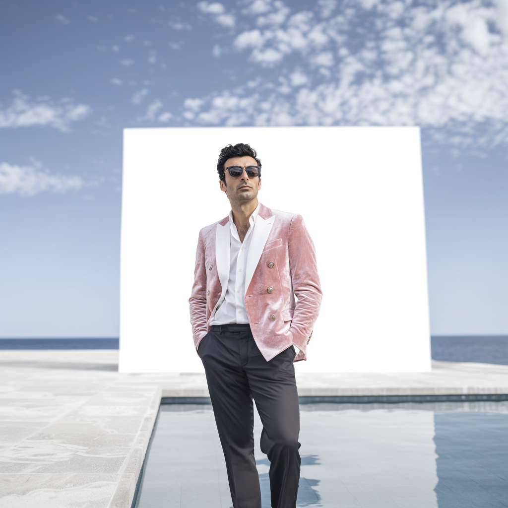Velsoir Pastel Rose Double-Breasted Velvet Tuxedo Suit For Men