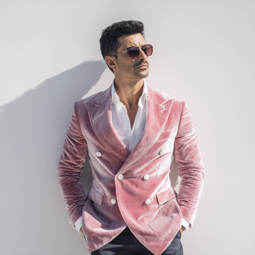 Velsoir Blush Pink Velvet Double-Breasted Suit with Peak Lapels