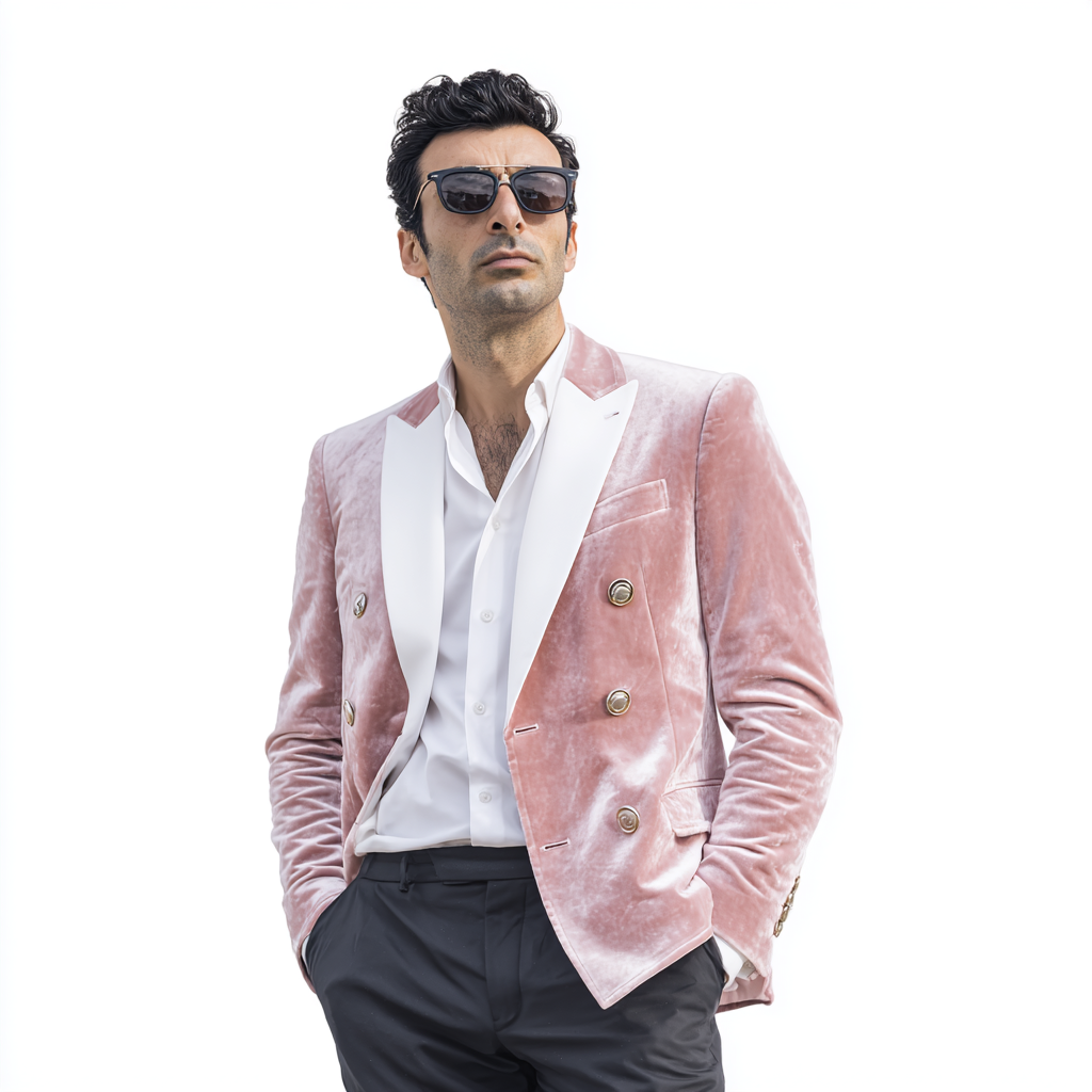 Velsoir Pastel Rose Double-Breasted Velvet Tuxedo Suit For Men