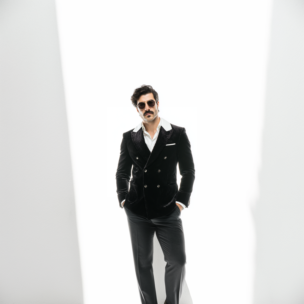 Velsoir Black Corduroy Double-Breasted Suit with Peak Lapels