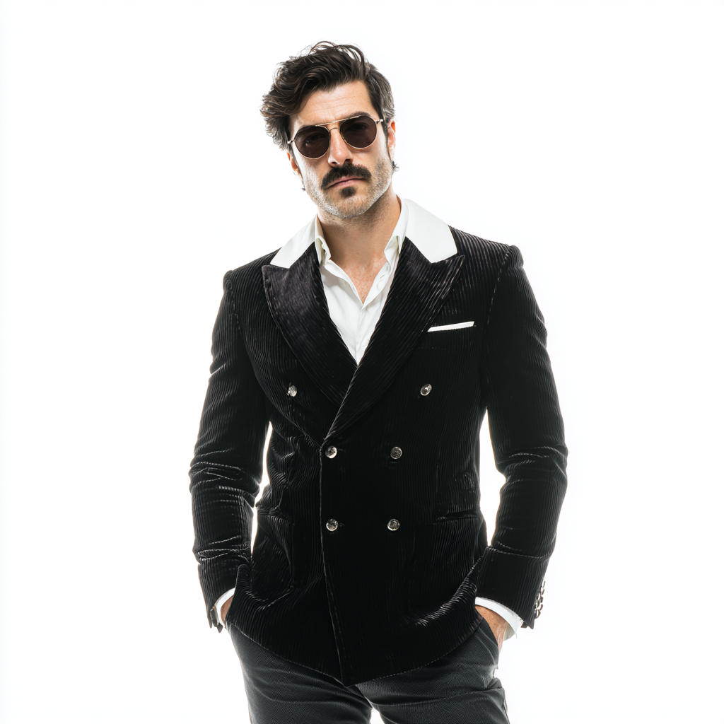 Velsoir Black Corduroy Double-Breasted Suit with Peak Lapels