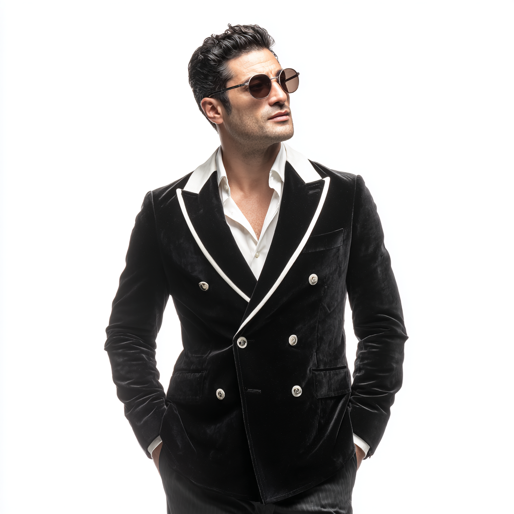 Velsoir Black Velvet Double-Breasted Suit with Peak Lapels