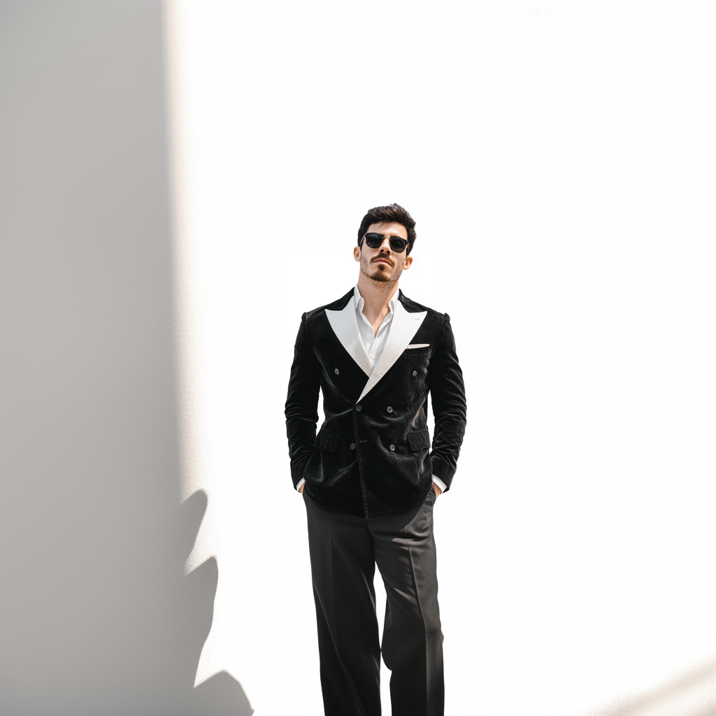 Velsoir Black Double-Breasted Velvet Tuxedo Suit For Men