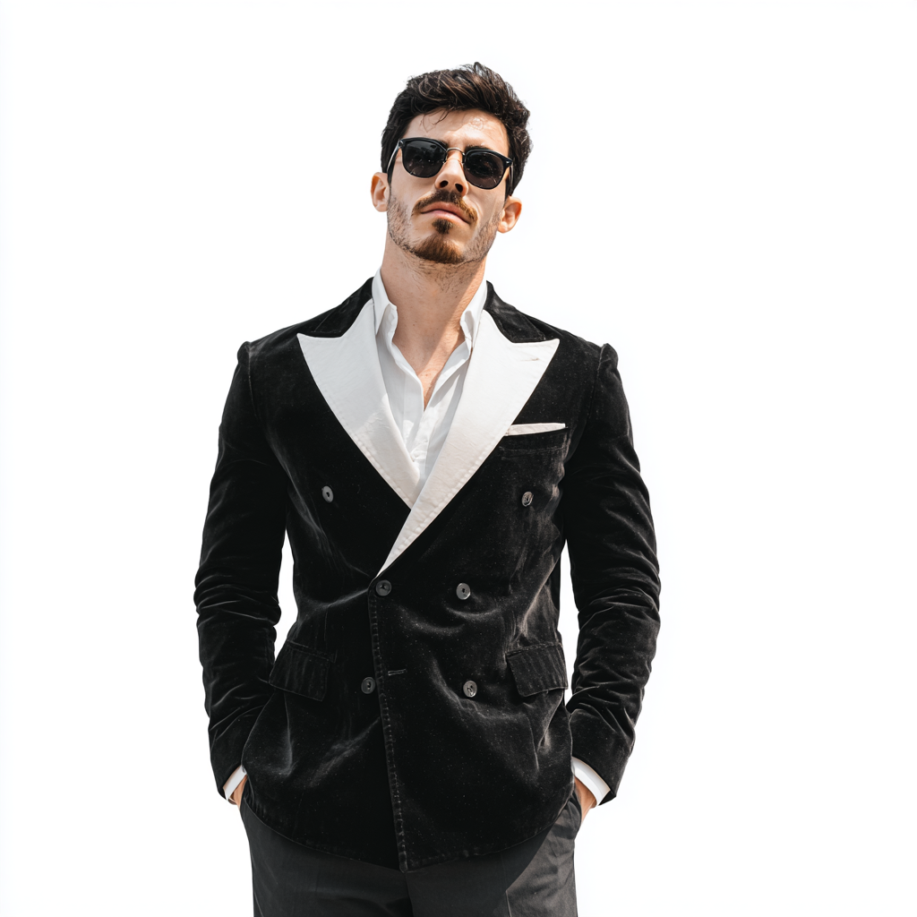 Velsoir Black Double-Breasted Velvet Tuxedo Suit For Men