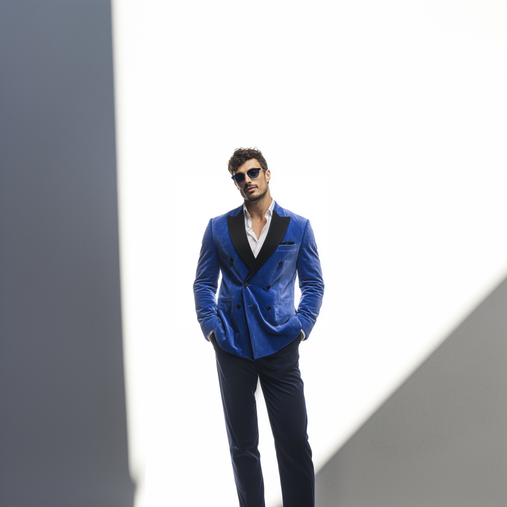 Velsoir Royal Blue Double-Breasted Velvet Tuxedo Suit For Men
