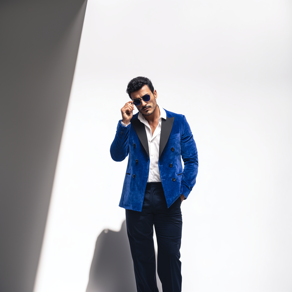 Velsoir Electric Blue Double-Breasted Velvet Tuxedo Suit For Men