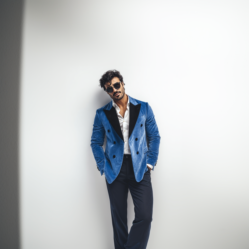 Velsoir Dusty Blue Double-Breasted Velvet Tuxedo Suit For Men