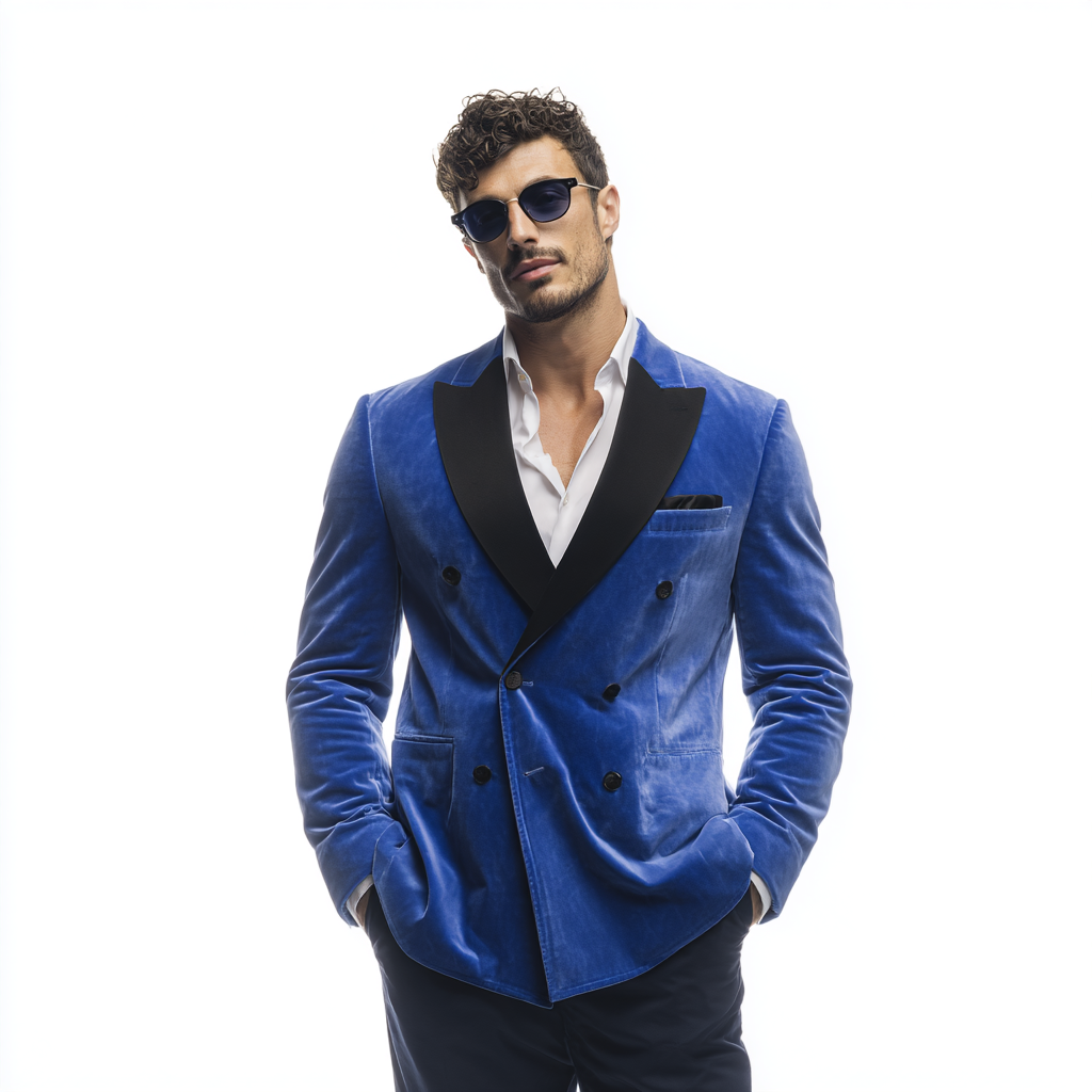 Velsoir Royal Blue Double-Breasted Velvet Tuxedo Suit For Men