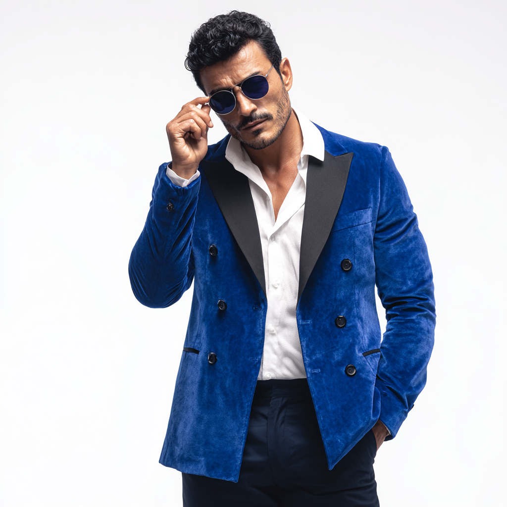 Velsoir Electric Blue Double-Breasted Velvet Tuxedo Suit For Men