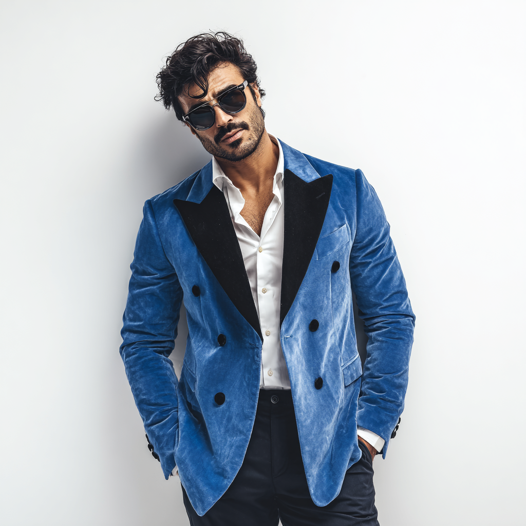 Velsoir Dusty Blue Double-Breasted Velvet Tuxedo Suit For Men