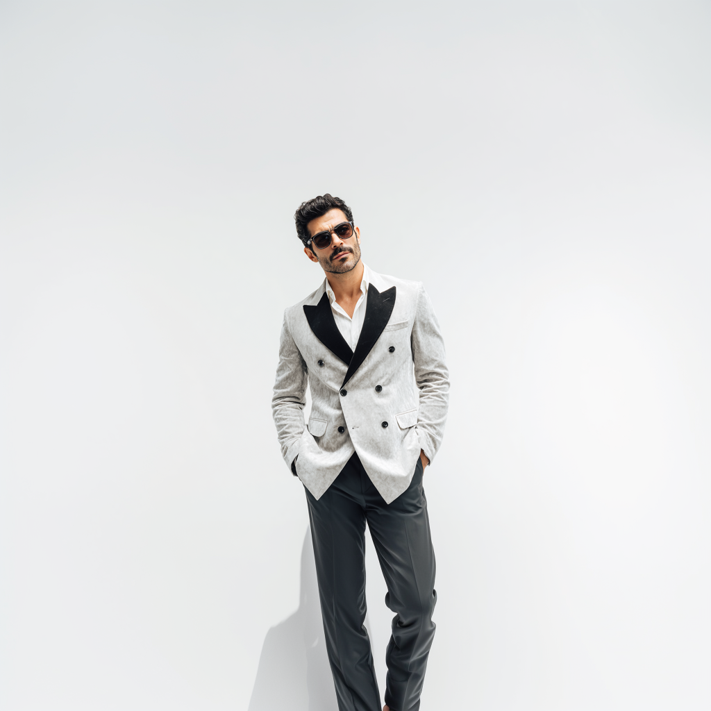 Velsoir Light Grey Double-Breasted Velvet Tuxedo Suit For Men