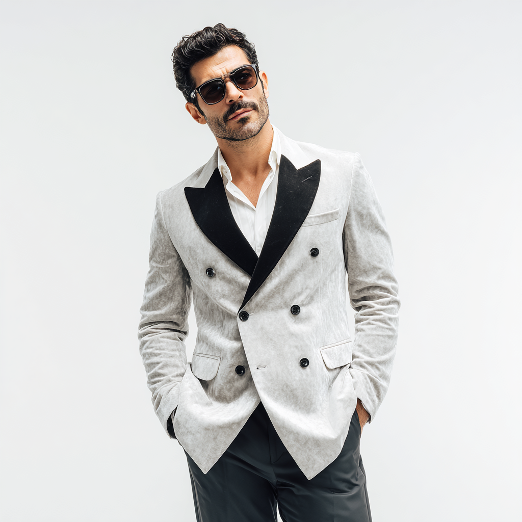 Velsoir Light Grey Double-Breasted Velvet Tuxedo Suit For Men