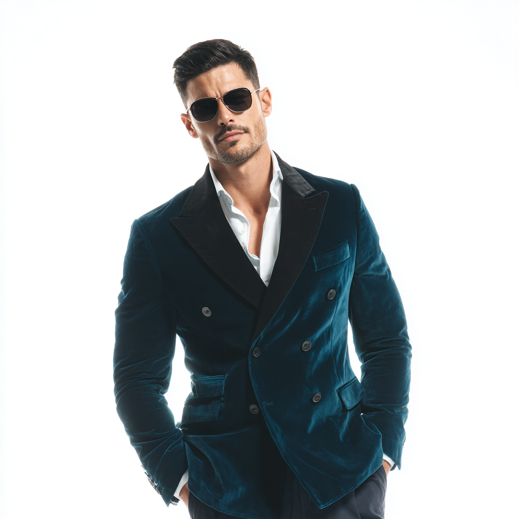 Velsoir Midnight Teal Double-Breasted Velvet Tuxedo Suit For Men
