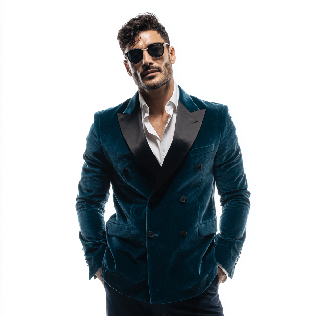 Velsoir Dark Teal Double-Breasted Velvet Tuxedo Suit For Men