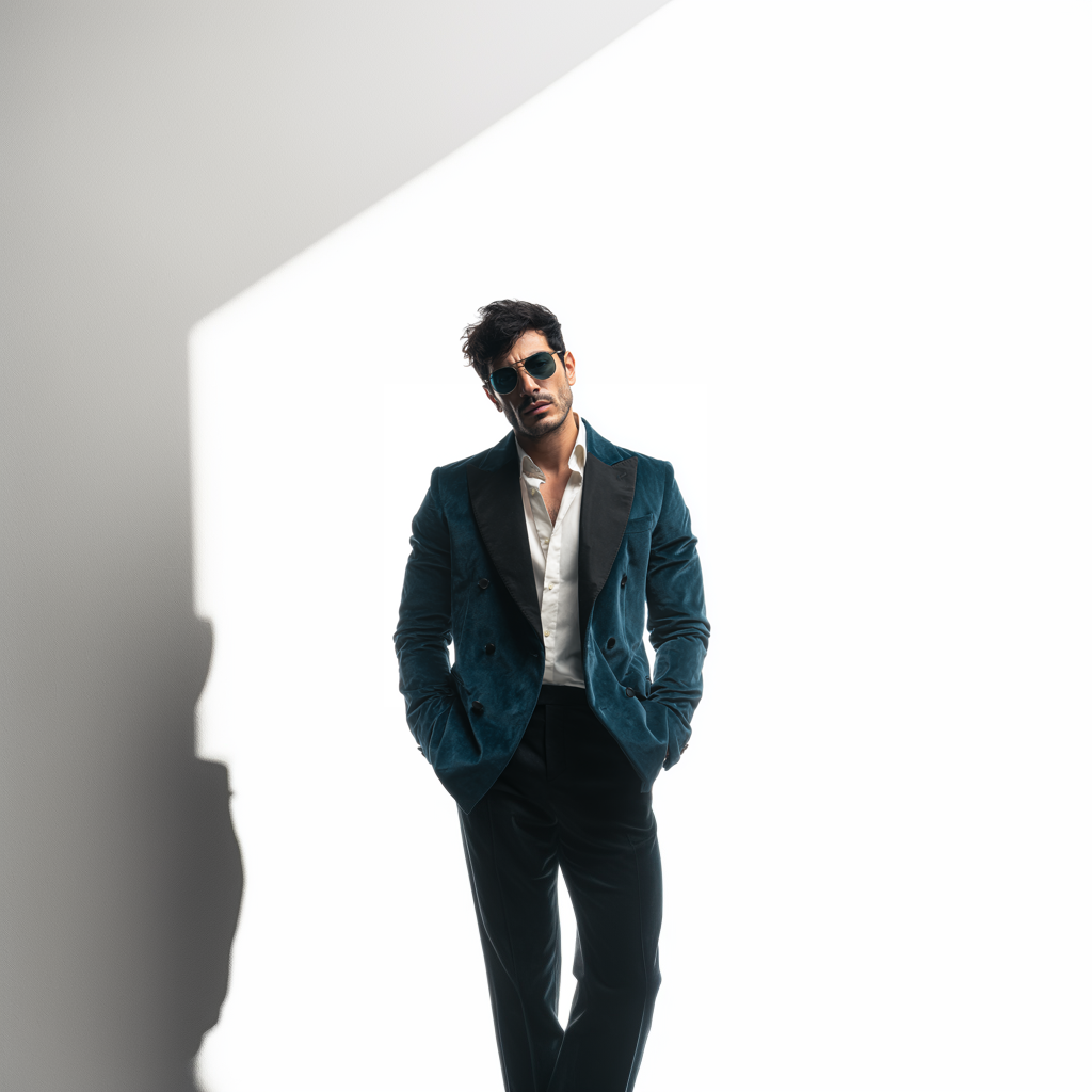 Velsoir Dusty Teal Blue Double-Breasted Velvet Tuxedo Suit For Men