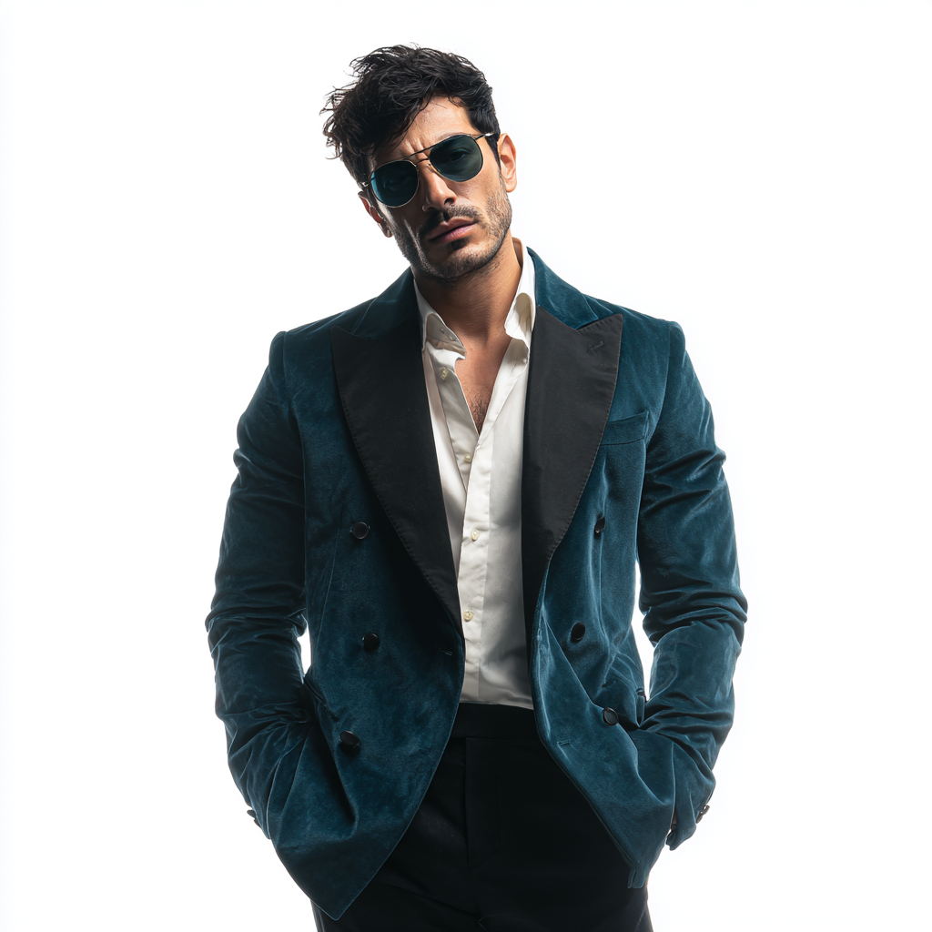 Velsoir Dusty Teal Blue Double-Breasted Velvet Tuxedo Suit For Men