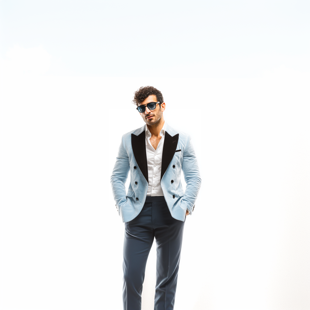 Velsoir Baby Blue Double-Breasted Velvet Tuxedo Suit For Men