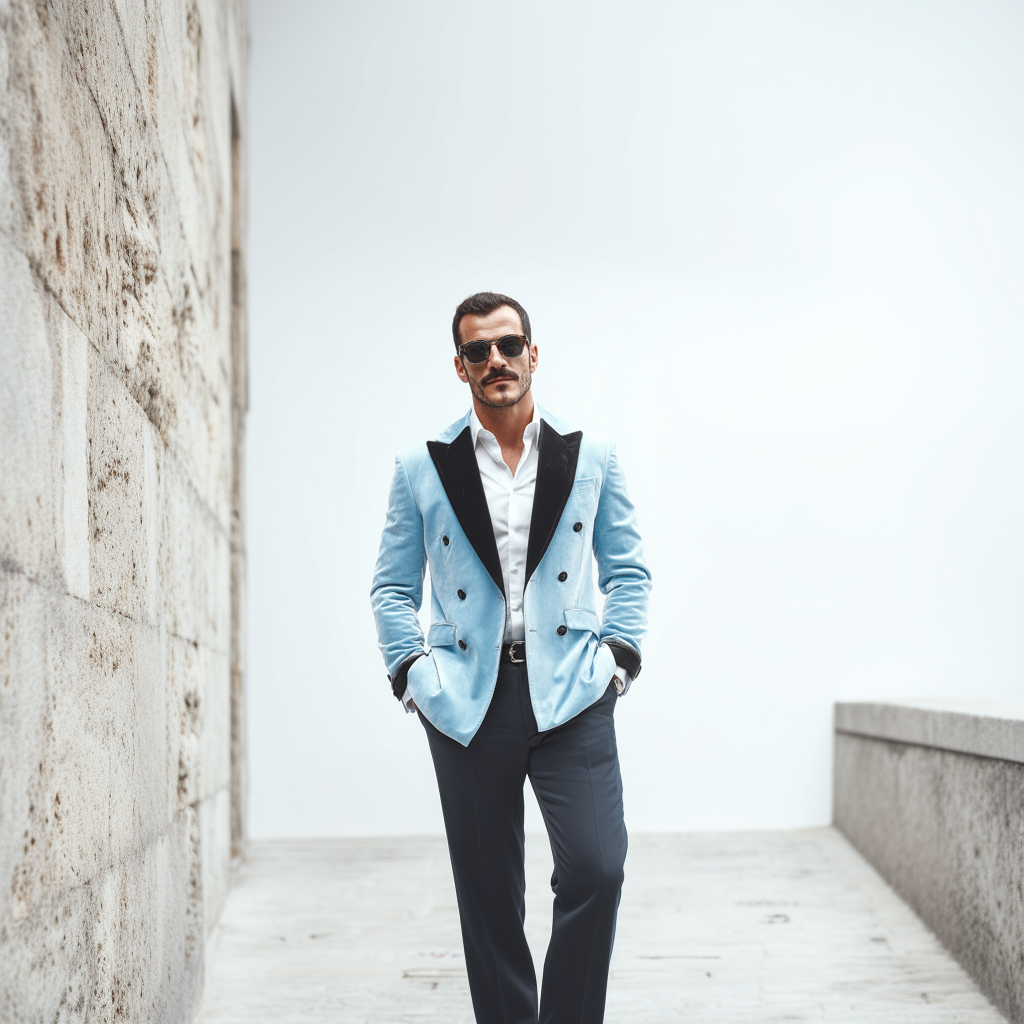 Velsoir Sky Blue Double-Breasted Velvet Tuxedo Suit For Men