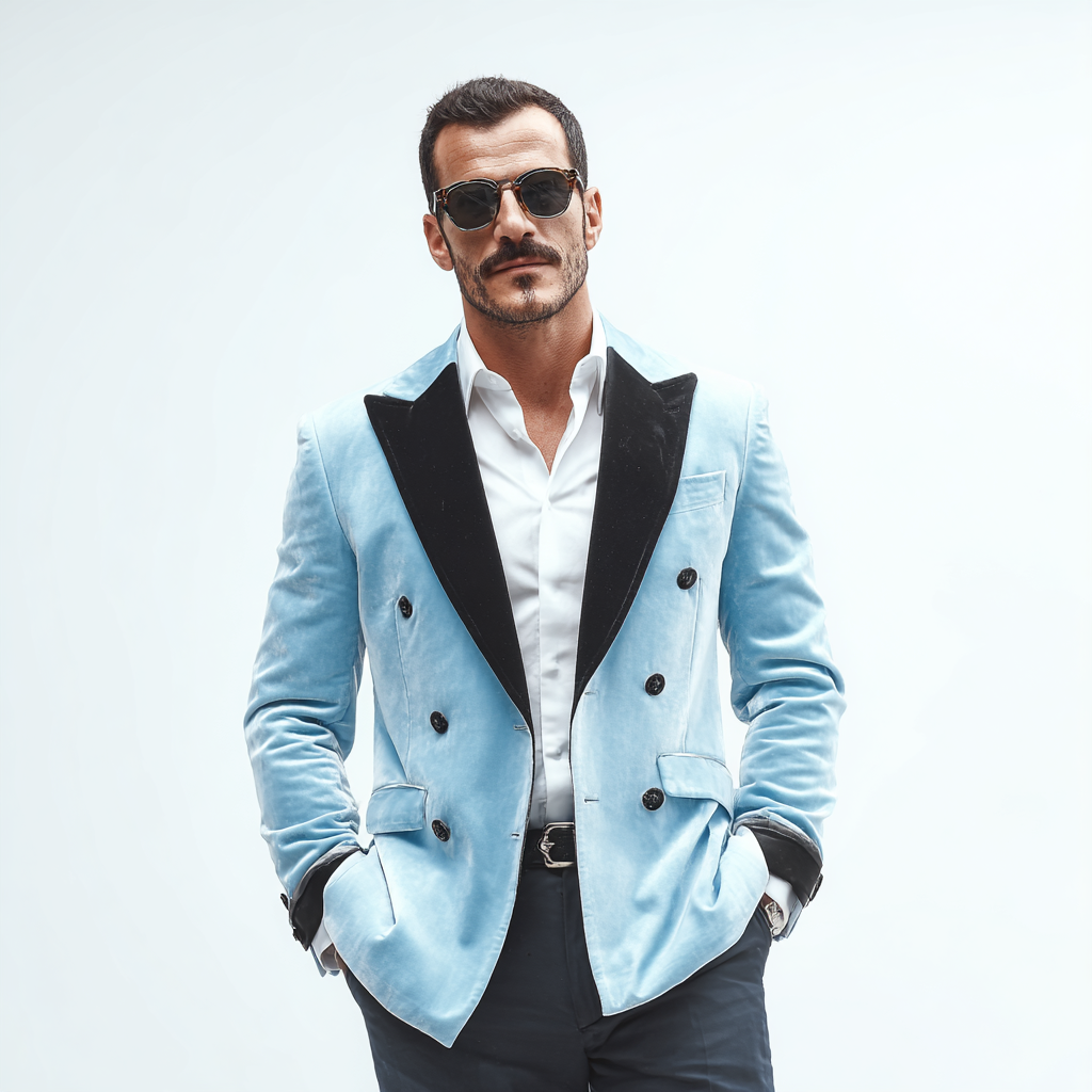 Velsoir Sky Blue Double-Breasted Velvet Tuxedo Suit For Men