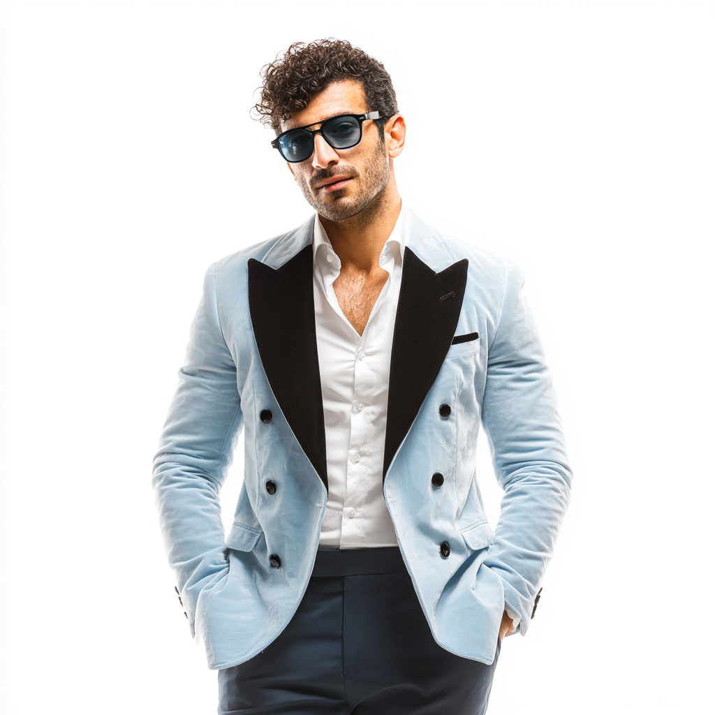 Velsoir Baby Blue Double-Breasted Velvet Tuxedo Suit For Men