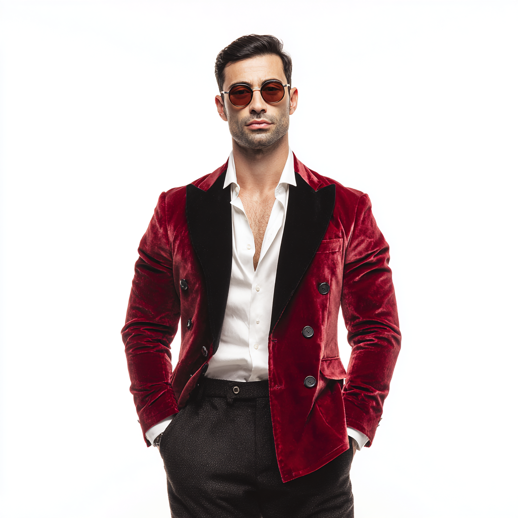 Velsoir Cherry Red With Velvet Lapels Double-Breasted Velvet Tuxedo Suit For Men