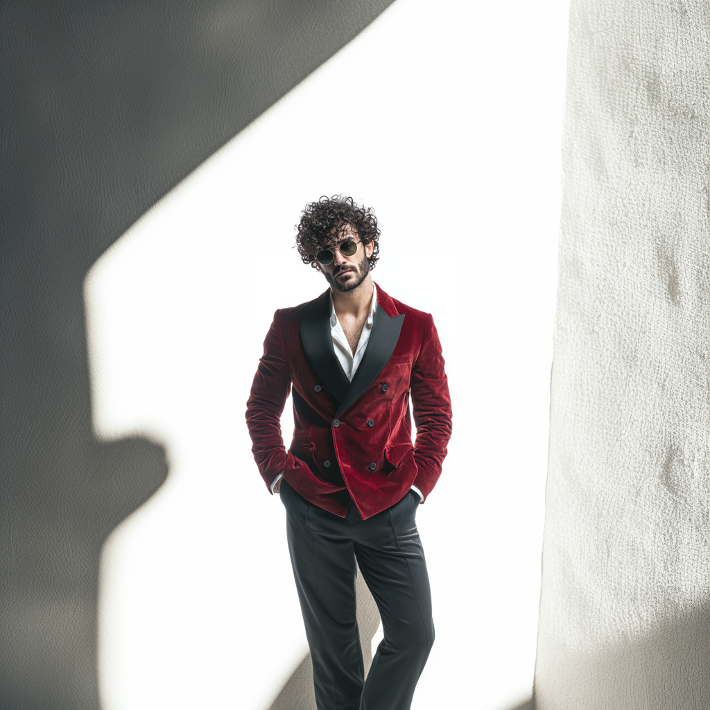 Velsoir Cherry Red Double-Breasted Velvet Tuxedo Suit For Men