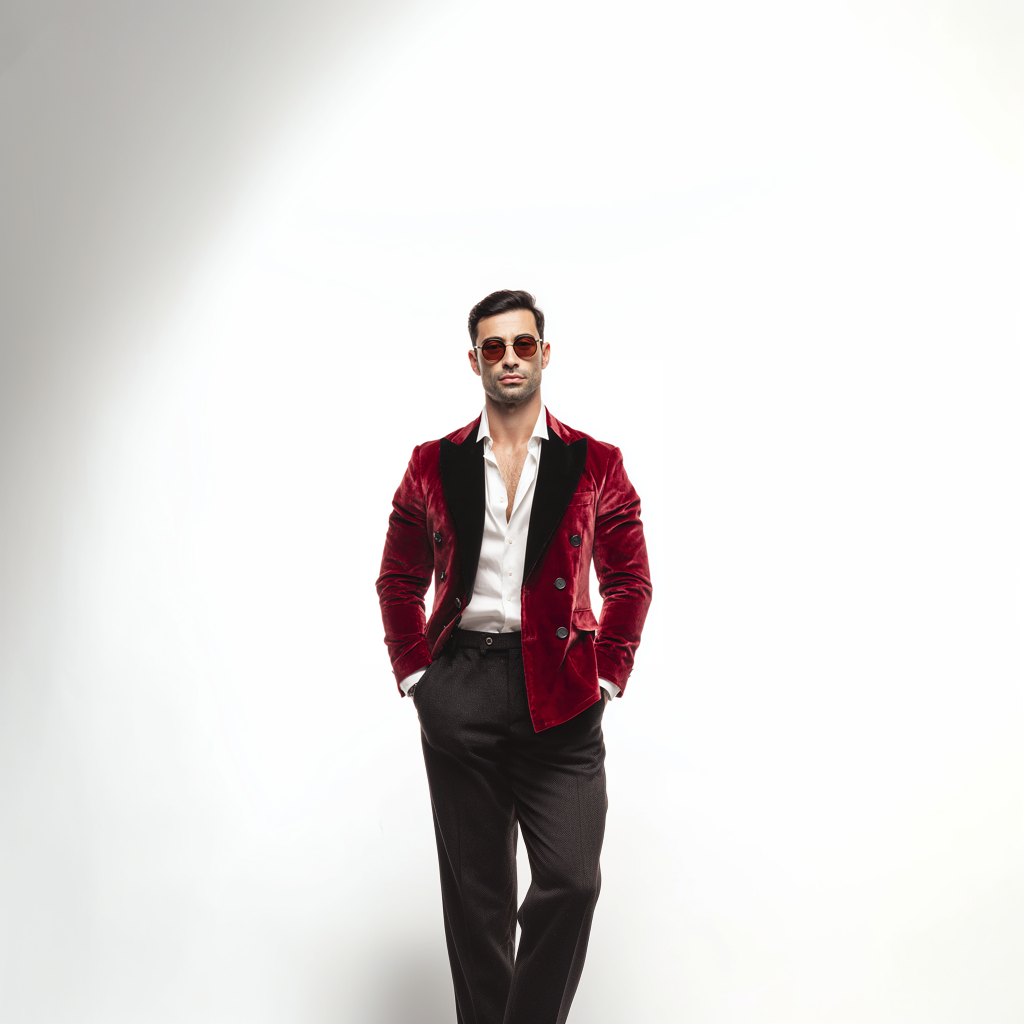 Velsoir Cherry Red With Velvet Lapels Double-Breasted Velvet Tuxedo Suit For Men
