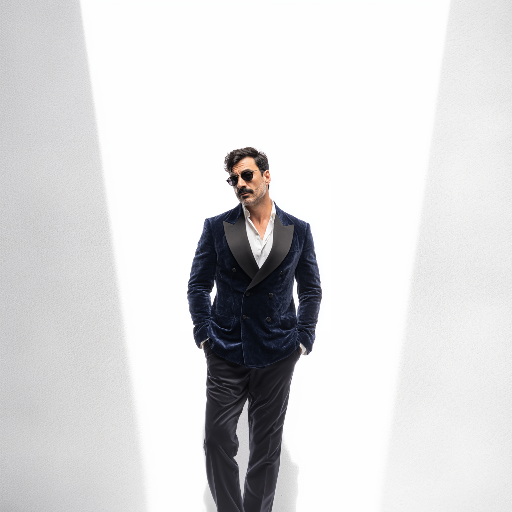 Velsoir Midnight Navy Double-Breasted Velvet Tuxedo Suit For Men