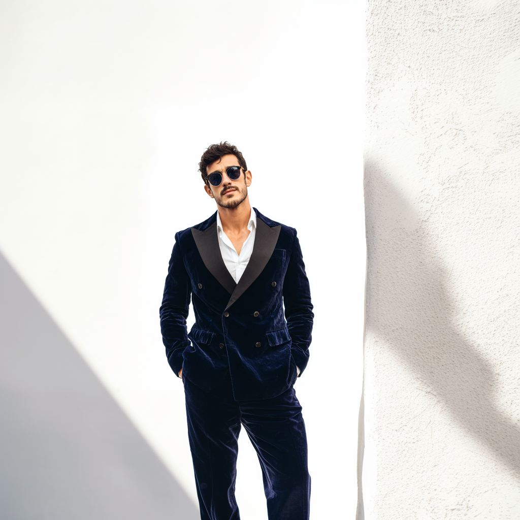 Velsoir Deep Midnight Blue Double-Breasted Velvet Tuxedo Suit For Men