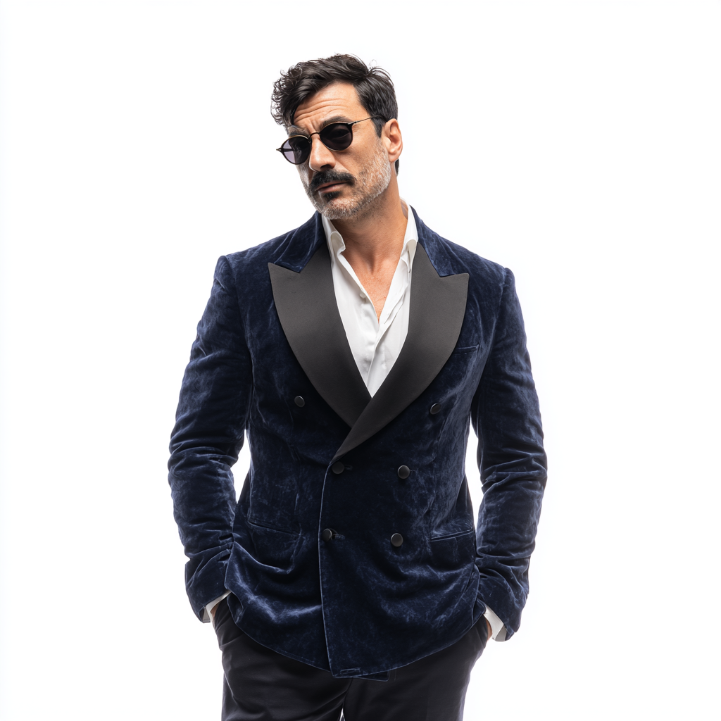 Velsoir Midnight Navy Double-Breasted Velvet Tuxedo Suit For Men