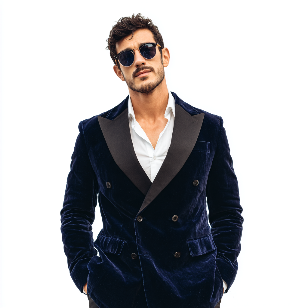 Velsoir Deep Midnight Blue Double-Breasted Velvet Tuxedo Suit For Men